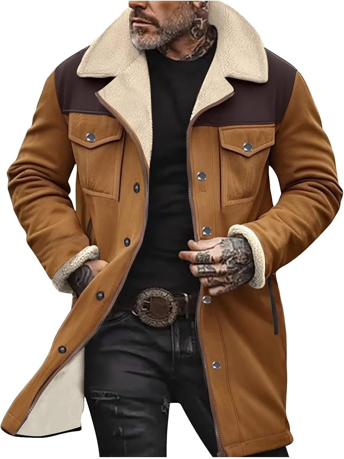 Men's Sherpa Lined Suede Jacket Winter Warm Trench Coat Lapel Button Down Windbreaker Overcoat with Pockets
