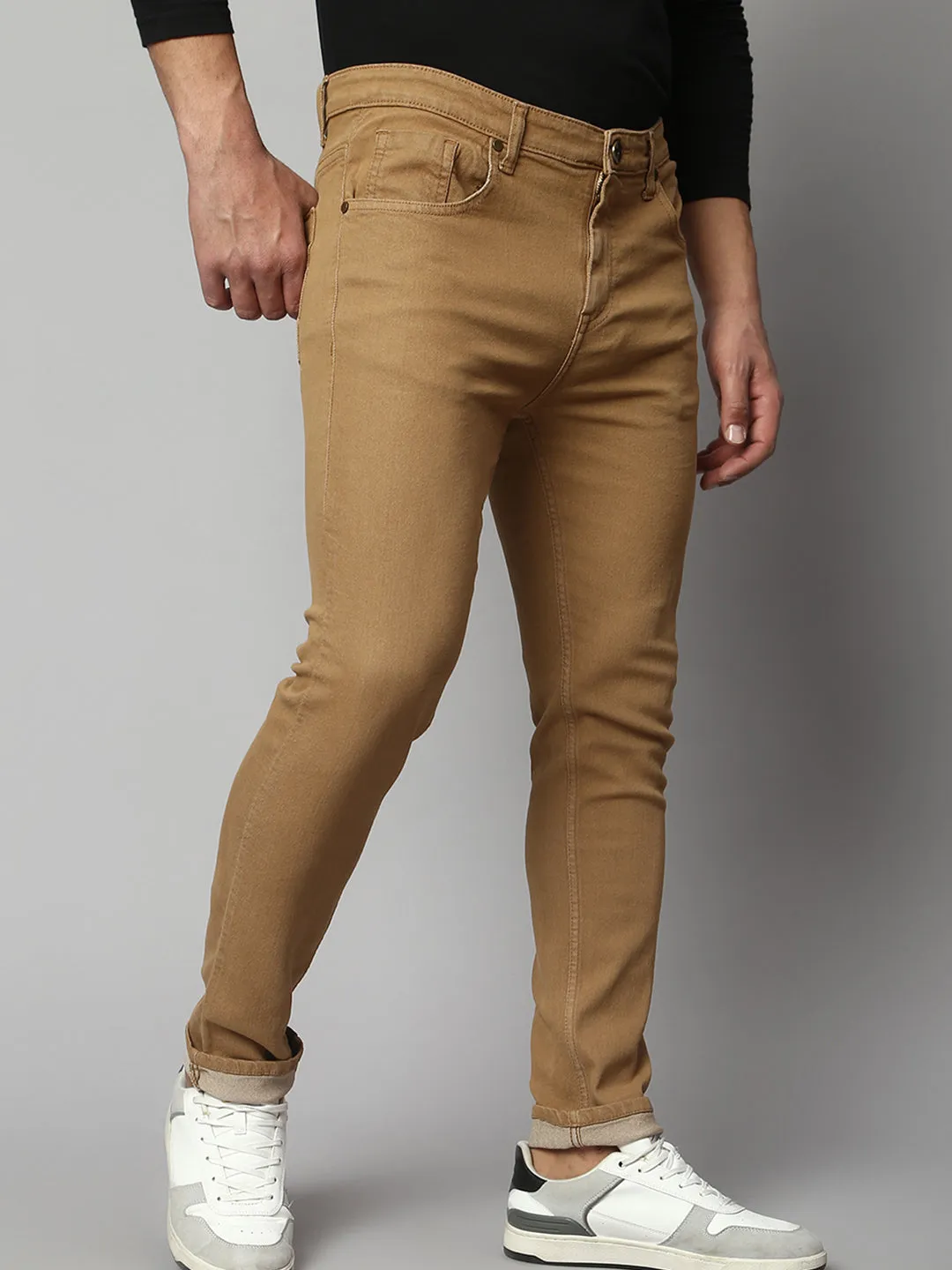 Men's Slim Fit Stretchable Denim Solid Jeans (Khaki)