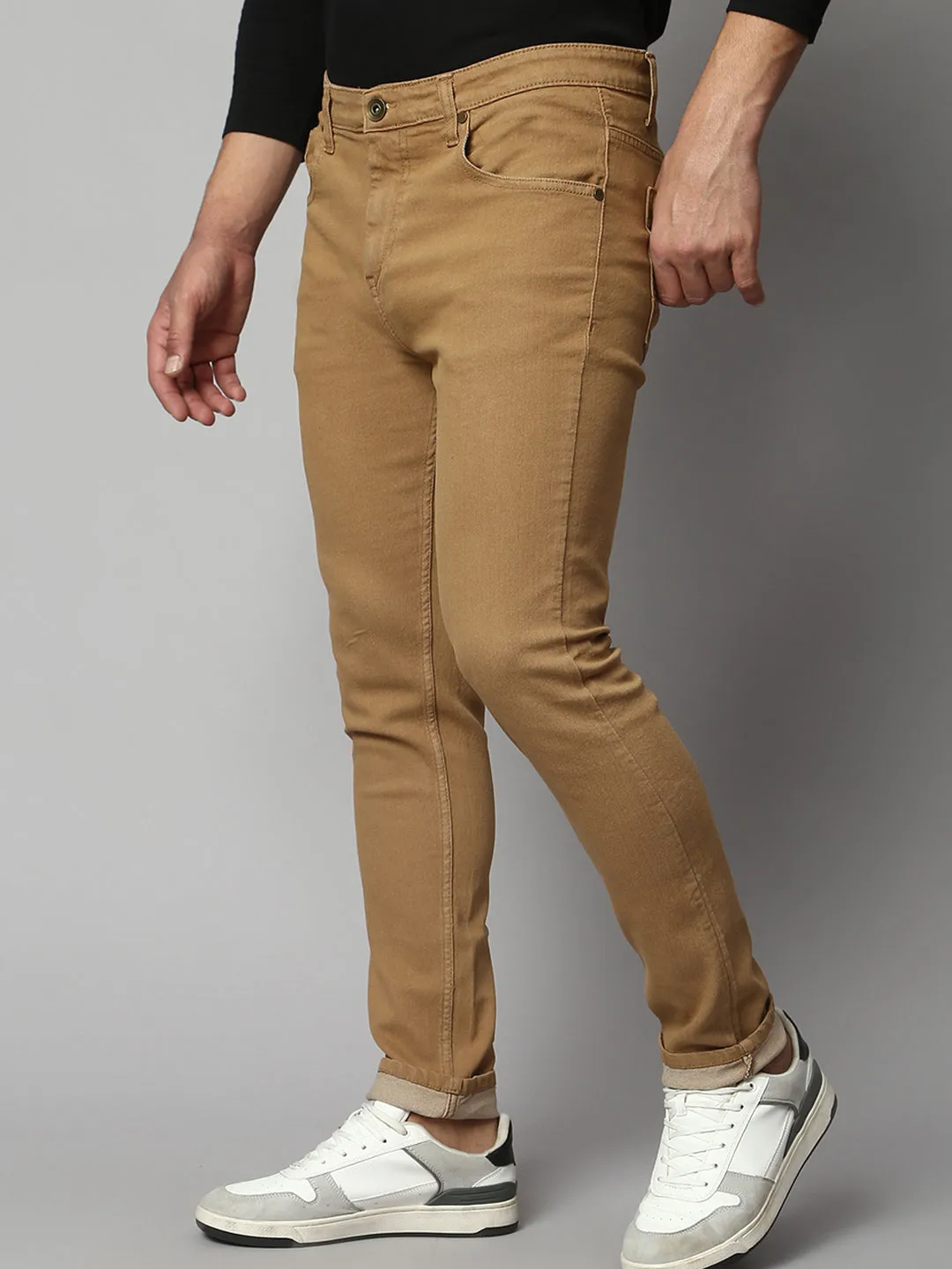 Men's Slim Fit Stretchable Denim Solid Jeans (Khaki)
