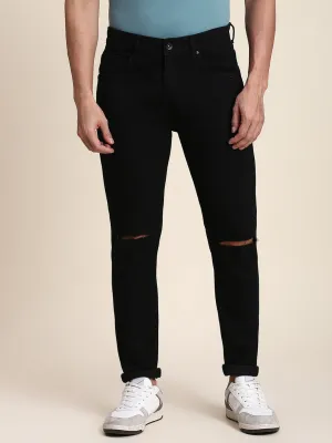 Men's Slim Fit Torn Black Jeans With 5-Pockets Mid-Rise Stretchable Waistband & Belt Loops
