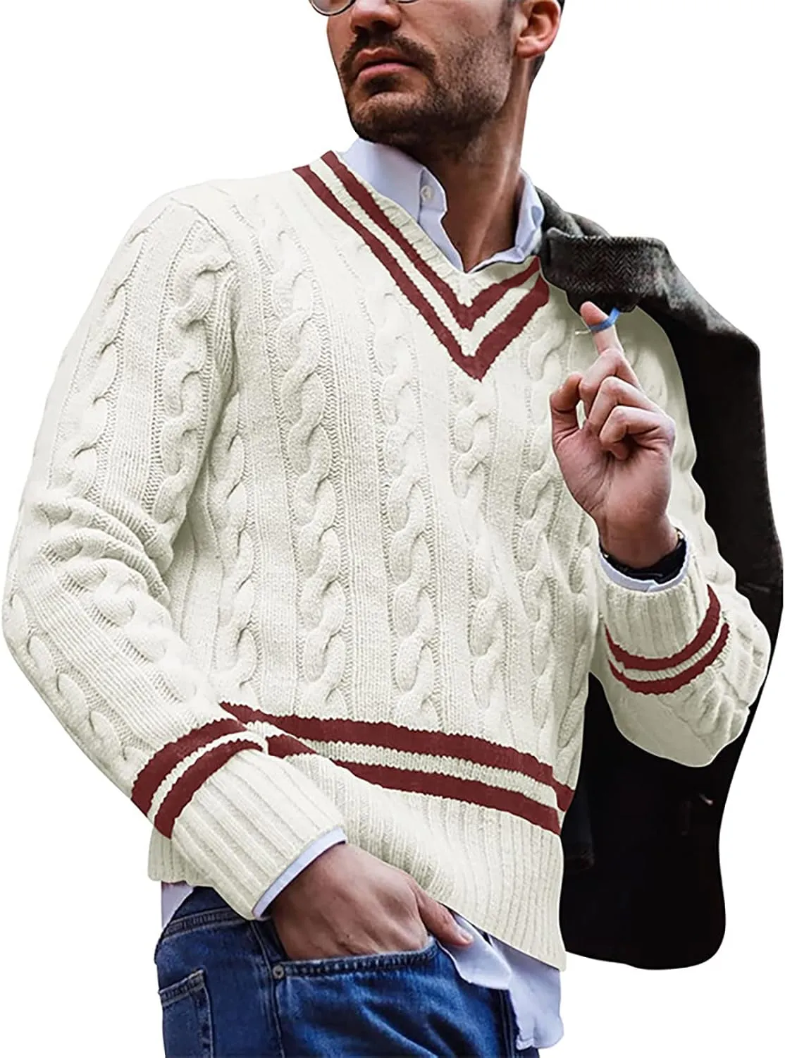 Men's Striped Colorblock Knit Sweater V-Neck Sweater Spring and Autumn Long Sleeve Striped Business Sweater Men's Gift