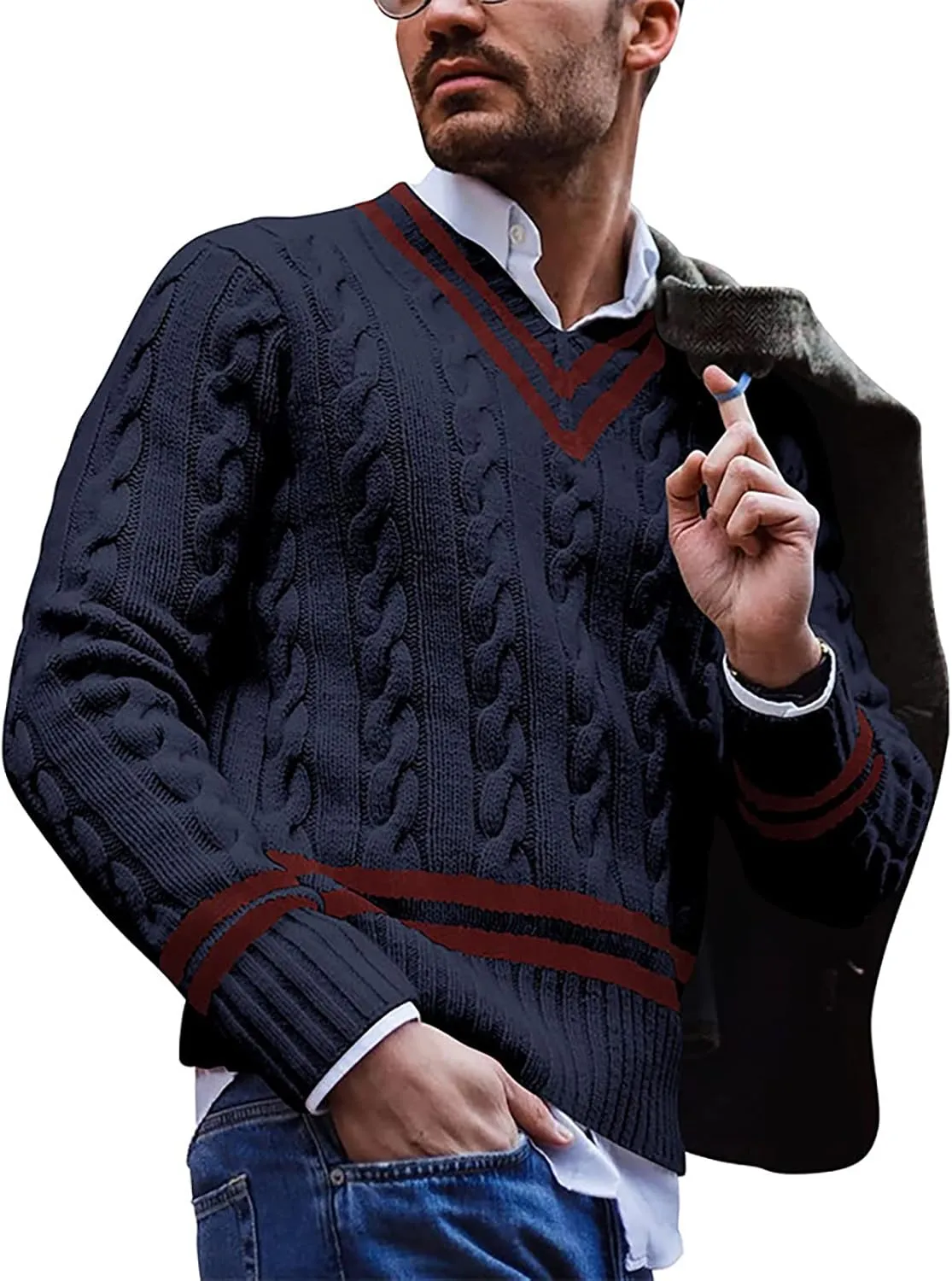 Men's Striped Colorblock Knit Sweater V-Neck Sweater Spring and Autumn Long Sleeve Striped Business Sweater Men's Gift