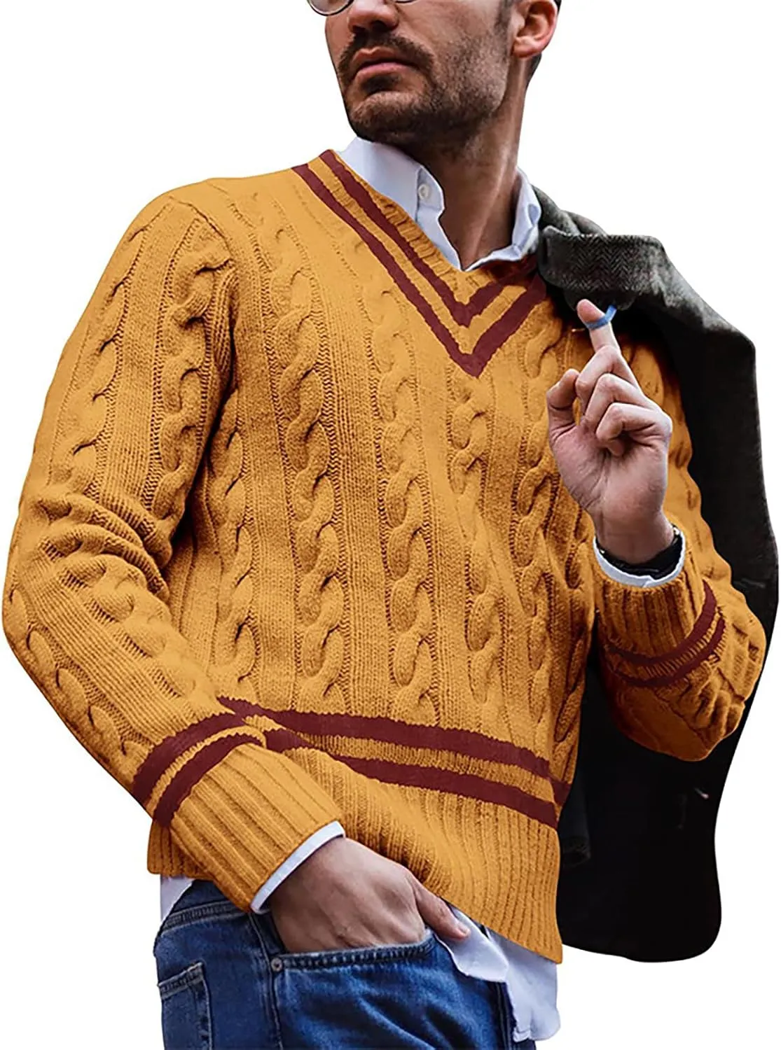 Men's Striped Colorblock Knit Sweater V-Neck Sweater Spring and Autumn Long Sleeve Striped Business Sweater Men's Gift