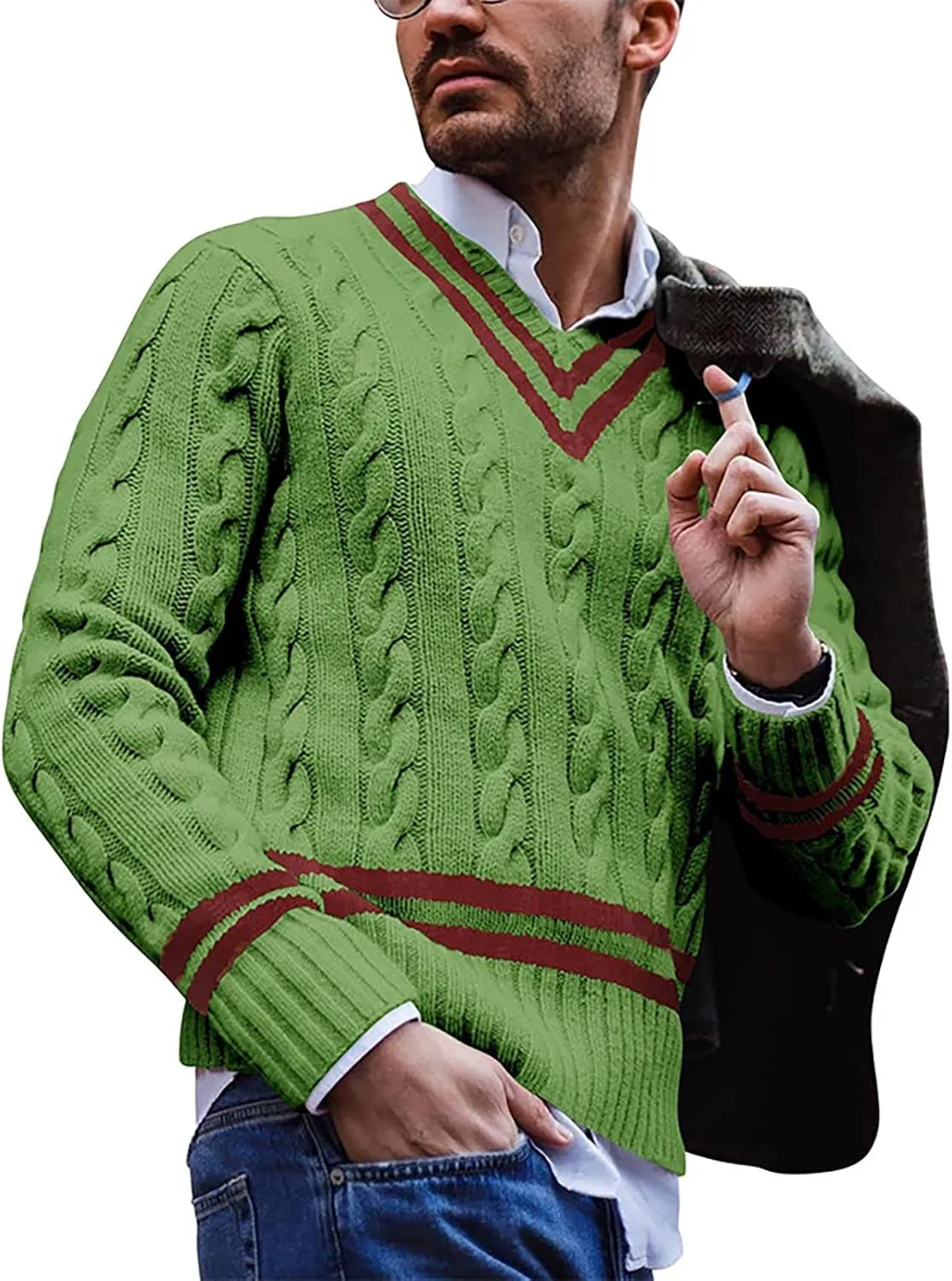Men's Striped Colorblock Knit Sweater V-Neck Sweater Spring and Autumn Long Sleeve Striped Business Sweater Men's Gift