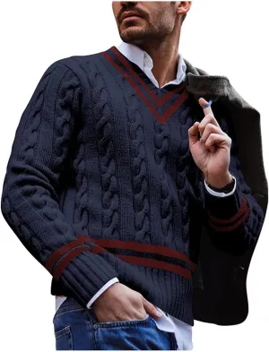 Men's Striped Colorblock Knit Sweater V-Neck Sweater Spring and Autumn Long Sleeve Striped Business Sweater Men's Gift