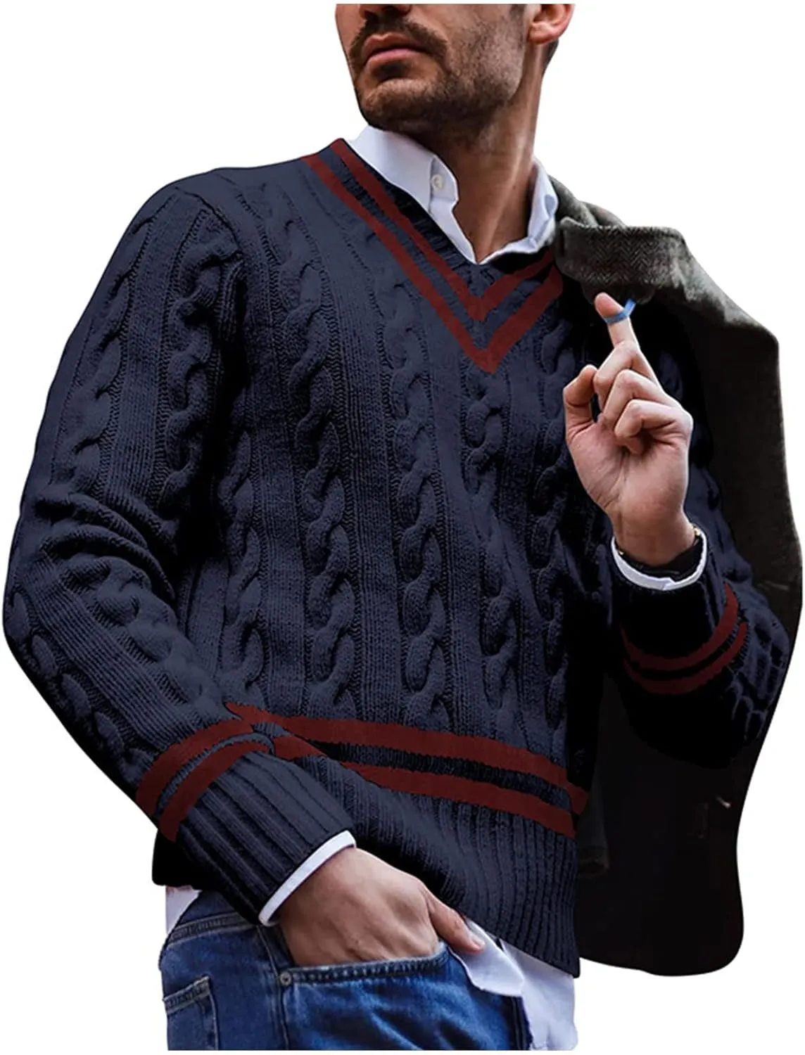 Men's Striped Colorblock Knit Sweater V-Neck Sweater Spring and Autumn Long Sleeve Striped Business Sweater Men's Gift