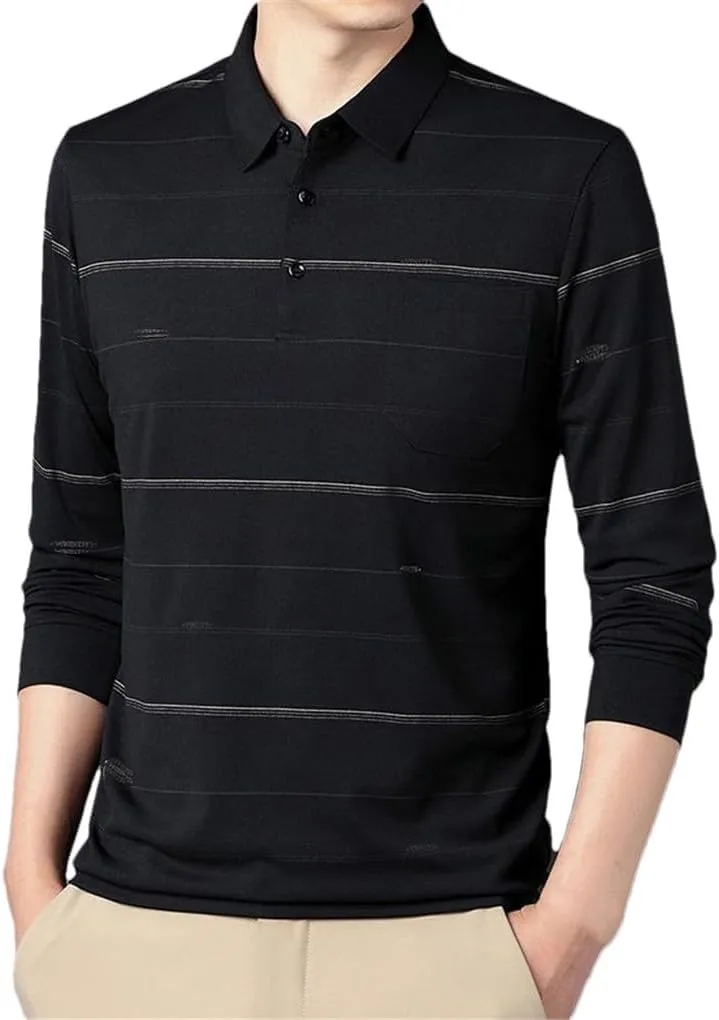 Men's Striped Polo Shirts Spring Autumn Cotton Pockets Long Sleeve Casual Loose Business Tops