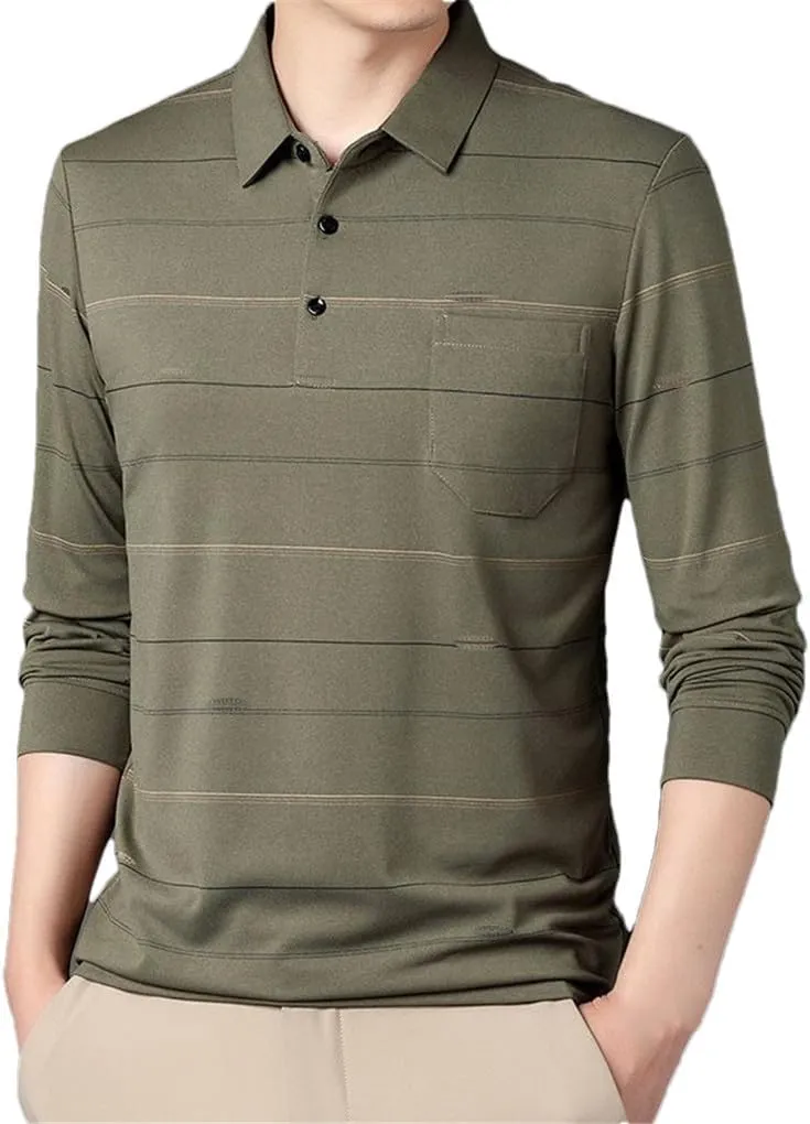 Men's Striped Polo Shirts Spring Autumn Cotton Pockets Long Sleeve Casual Loose Business Tops
