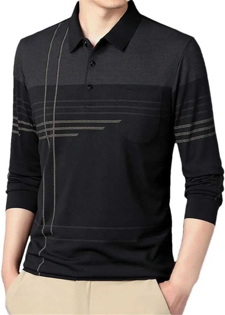 Men's Striped Polo Shirts Spring Autumn Cotton Pockets Long Sleeve Casual Loose Business Tops