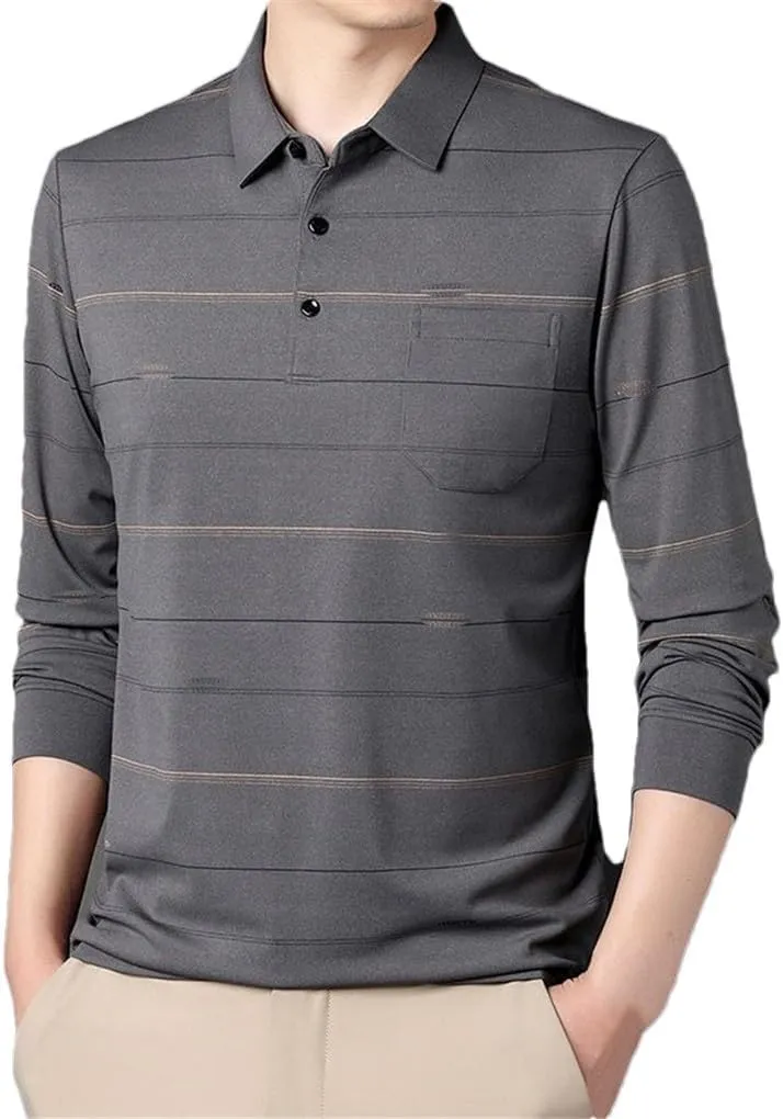 Men's Striped Polo Shirts Spring Autumn Cotton Pockets Long Sleeve Casual Loose Business Tops