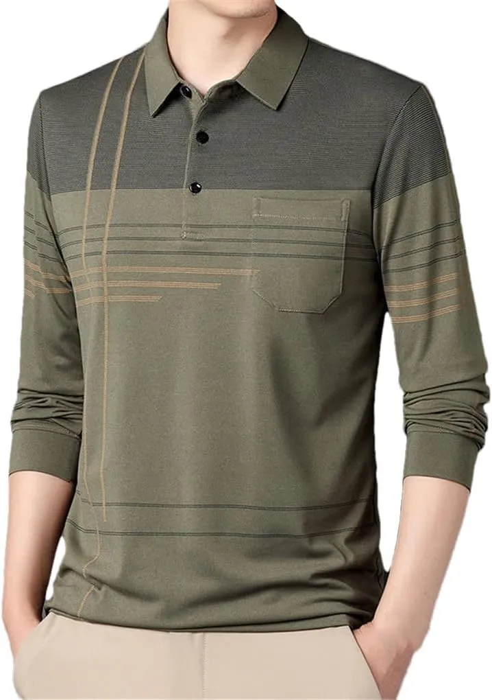 Men's Striped Polo Shirts Spring Autumn Cotton Pockets Long Sleeve Casual Loose Business Tops