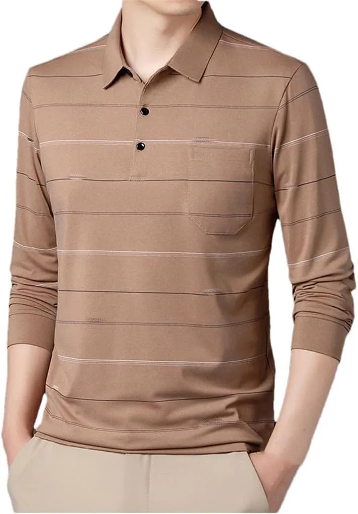 Men's Striped Polo Shirts Spring Autumn Cotton Pockets Long Sleeve Casual Loose Business Tops