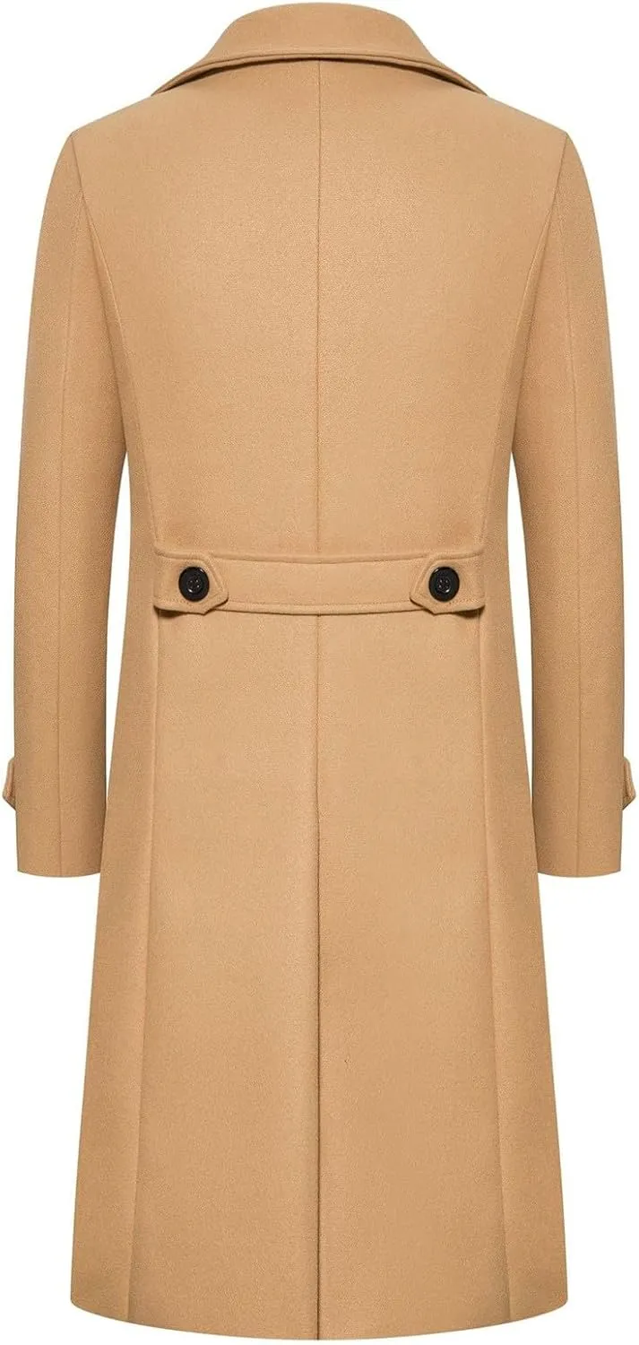 Men's Trench Coat Fashion Easy Notch Lapel Business Casual Fleece Jacket Solid Long Pea Coat Windbreaker Overcoat