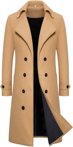 Men's Trench Coat Fashion Easy Notch Lapel Business Casual Fleece Jacket Solid Long Pea Coat Windbreaker Overcoat
