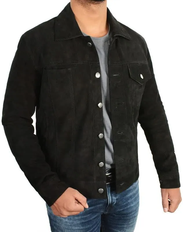 Mens Trucker Black Cotton Jacket - Western Style Cowboy Black Casual Cotton Lightweight Jacket