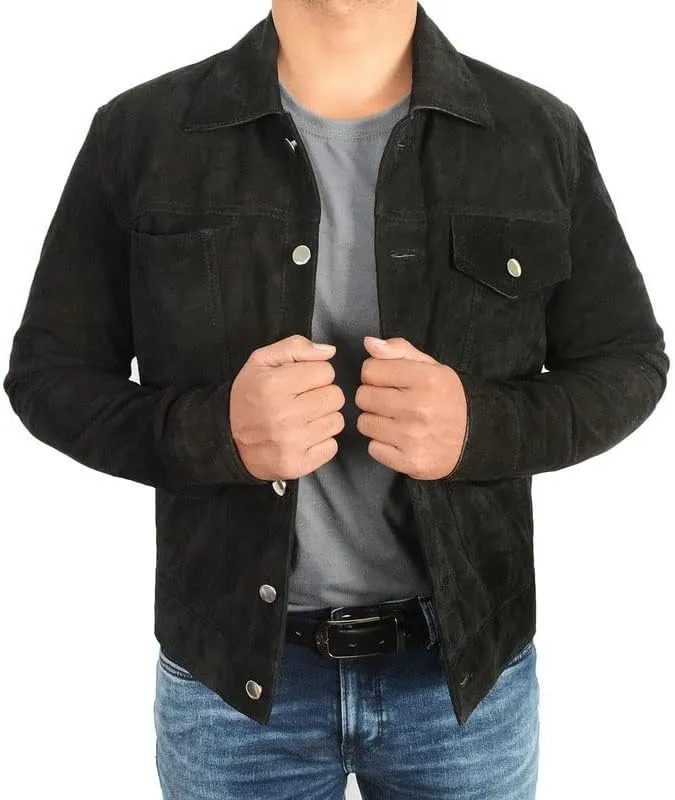 Mens Trucker Black Cotton Jacket - Western Style Cowboy Black Casual Cotton Lightweight Jacket