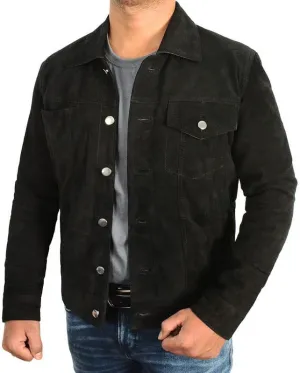 Mens Trucker Black Cotton Jacket - Western Style Cowboy Black Casual Cotton Lightweight Jacket