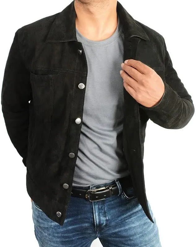 Mens Trucker Black Cotton Jacket - Western Style Cowboy Black Casual Cotton Lightweight Jacket
