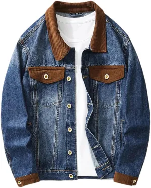 Men's Vintage Corduroy Spliced Denim Jacket - Loose Washed Trucker Slim Fit Casual Outerwear Fashion Jean Coat