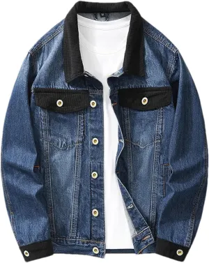 Men's Vintage Corduroy Spliced Denim Jacket - Loose Washed Trucker Slim Fit Casual Outerwear Fashion Jean Coat