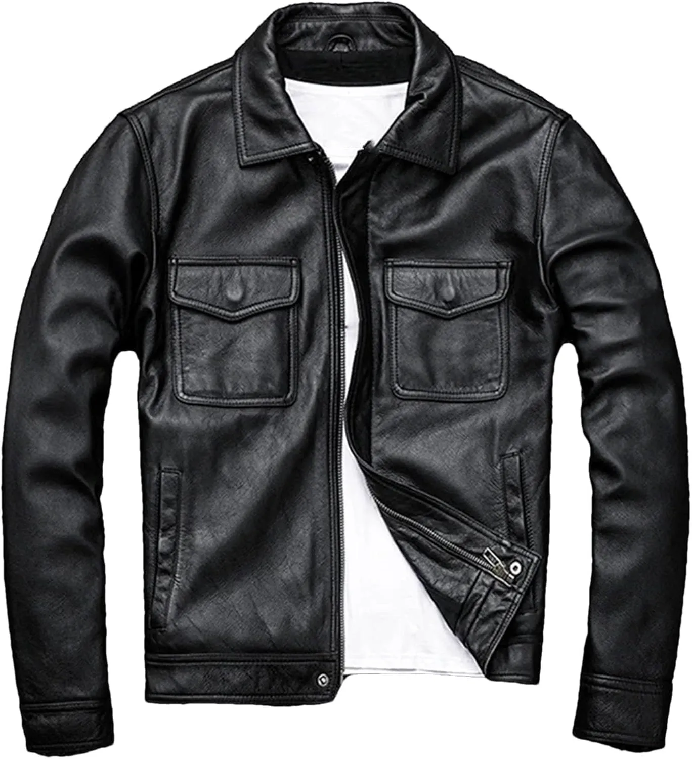 Men's Vintage Genuine Leather Jackets Casual Lightweight Lapel Motorcycle Leather Jacket Slim Leather Coat