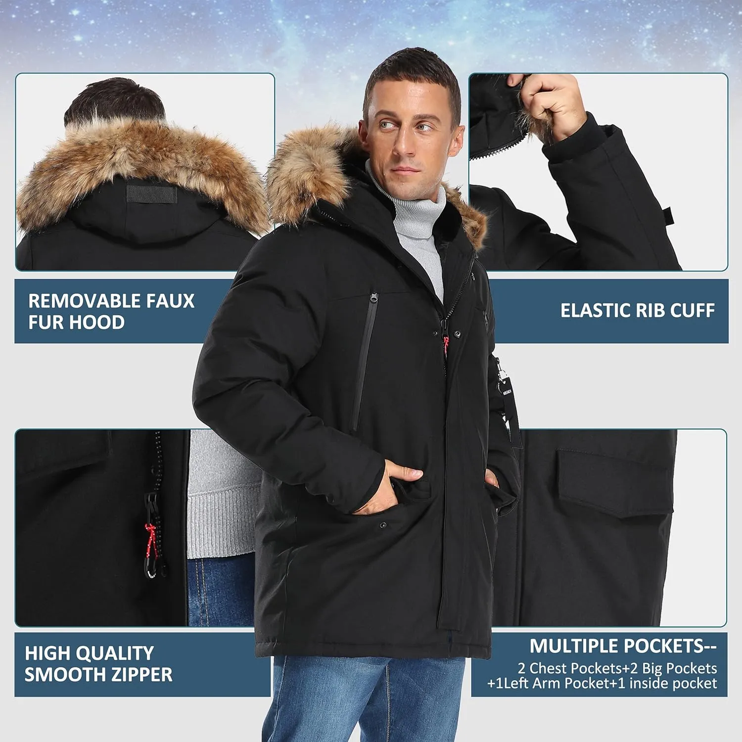 Men's Warm Winter Duck Down Parka Jacket Thickened Warm Hooded Padded Coats with Hood XS-3XL