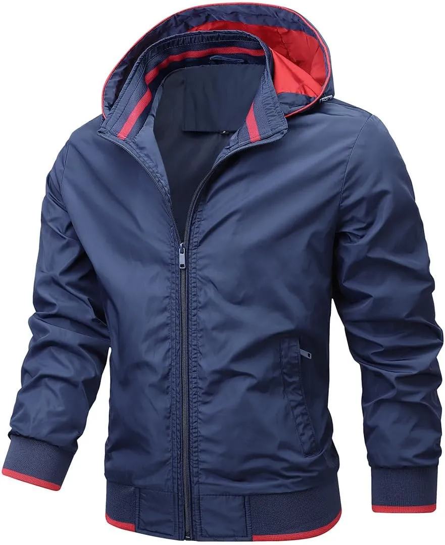Mens Waterproof Rain Jacket Hooded Full Zip Trucker Jackets Regular Windprrof Raincoat Casual Outerwear for Men