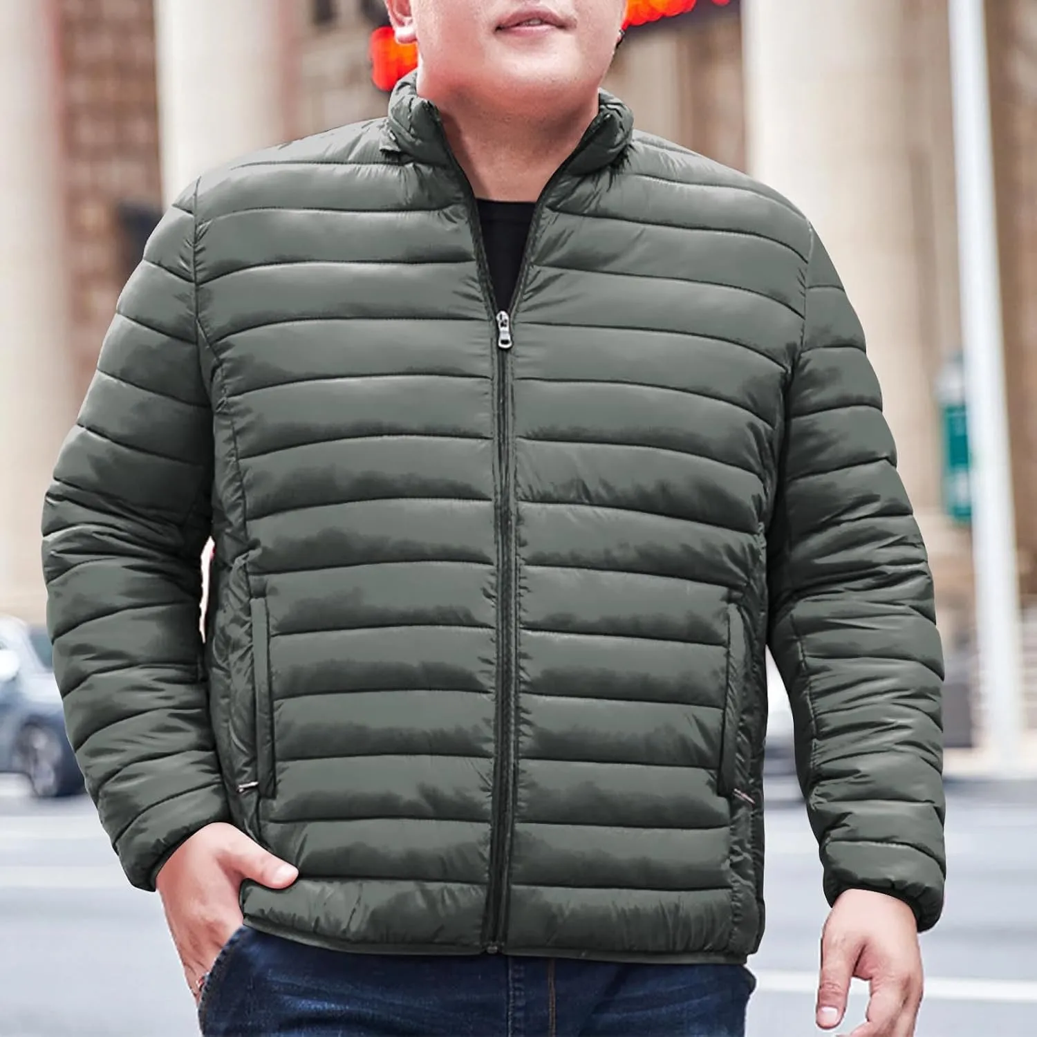 Mens Winter Puffer Jacket Full Zip Quilted Warm Packable Down Coats Lightweight Plus Size Puffy Stand Collar Jackets