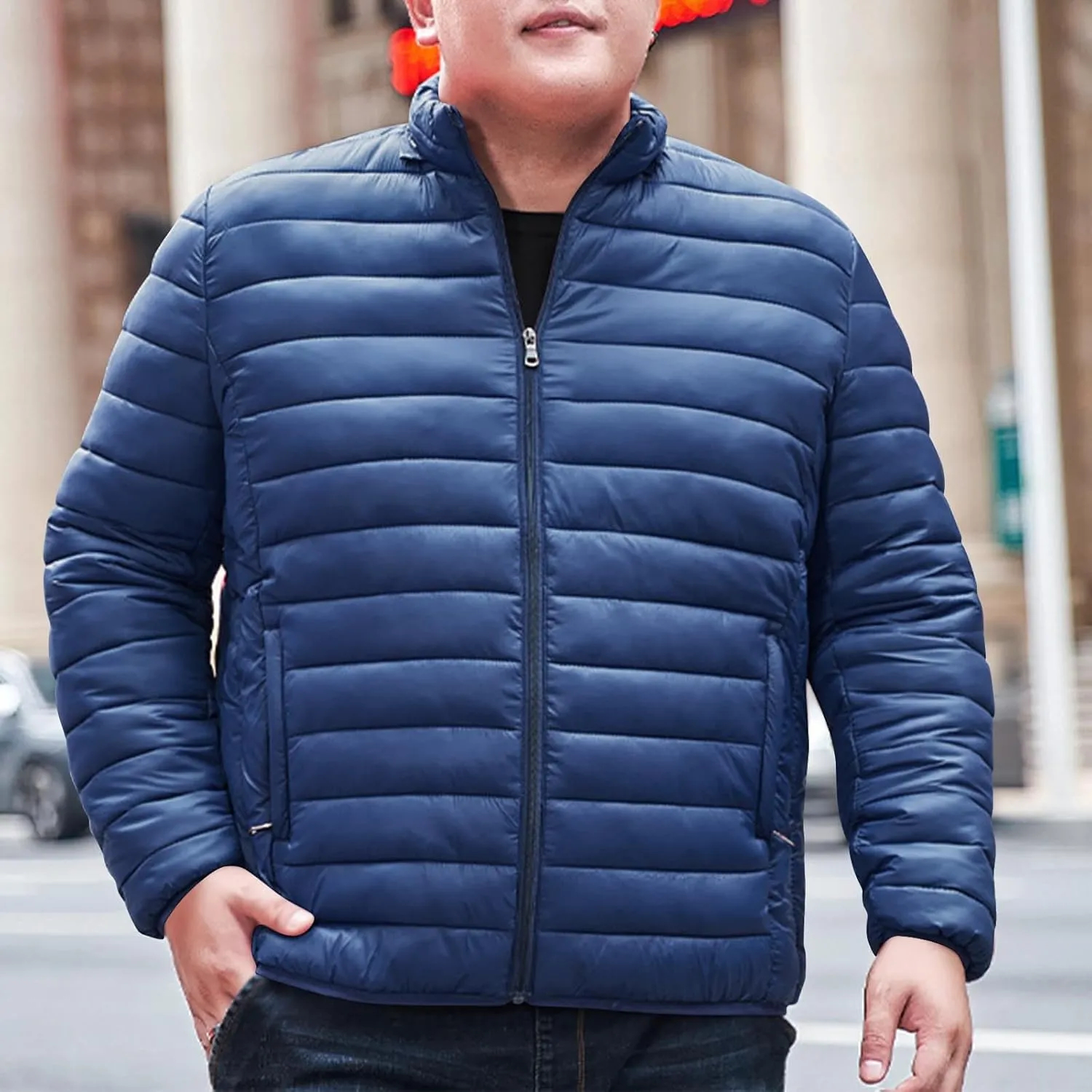 Mens Winter Puffer Jacket Full Zip Quilted Warm Packable Down Coats Lightweight Plus Size Puffy Stand Collar Jackets