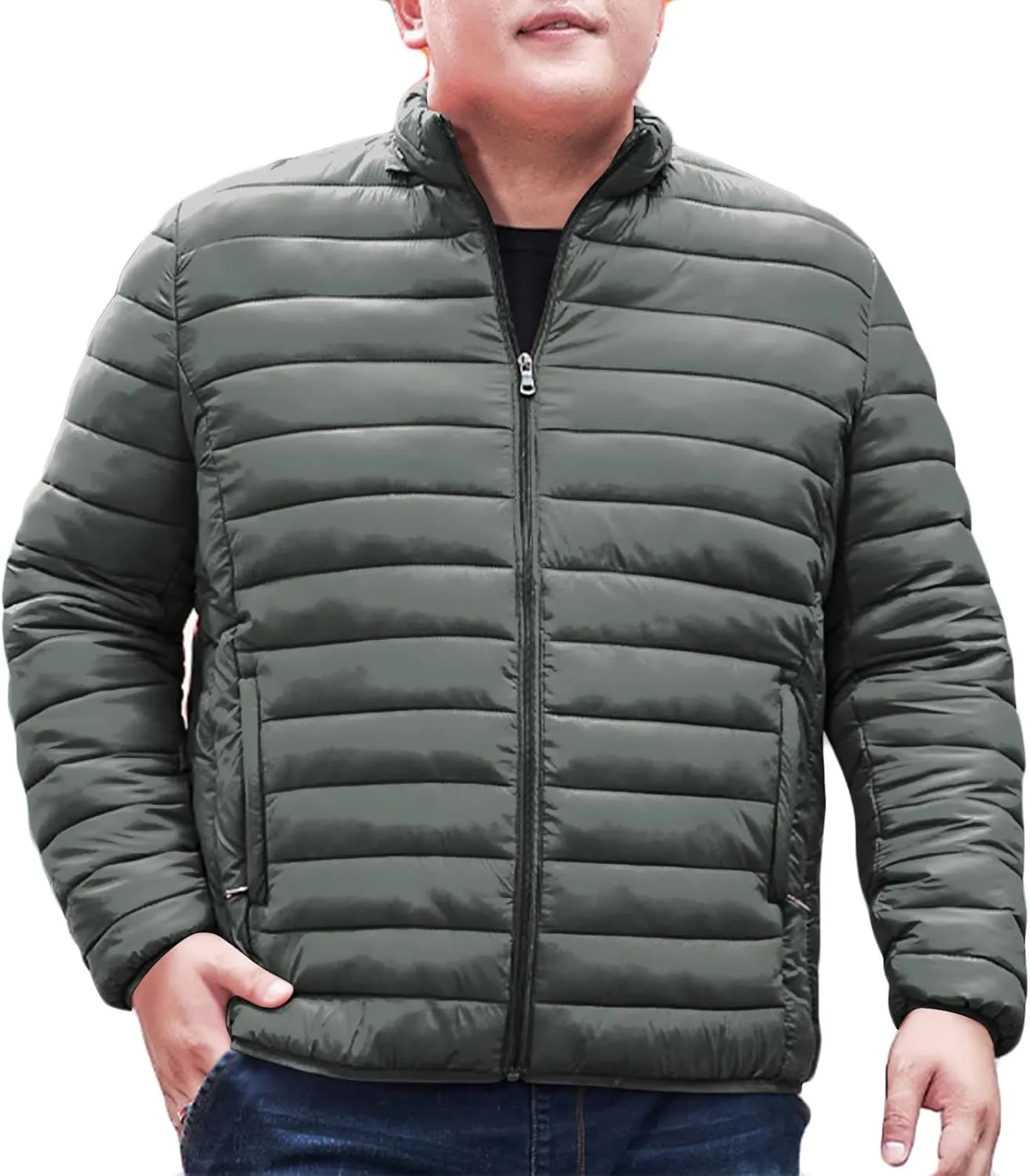 Mens Winter Puffer Jacket Full Zip Quilted Warm Packable Down Coats Lightweight Plus Size Puffy Stand Collar Jackets