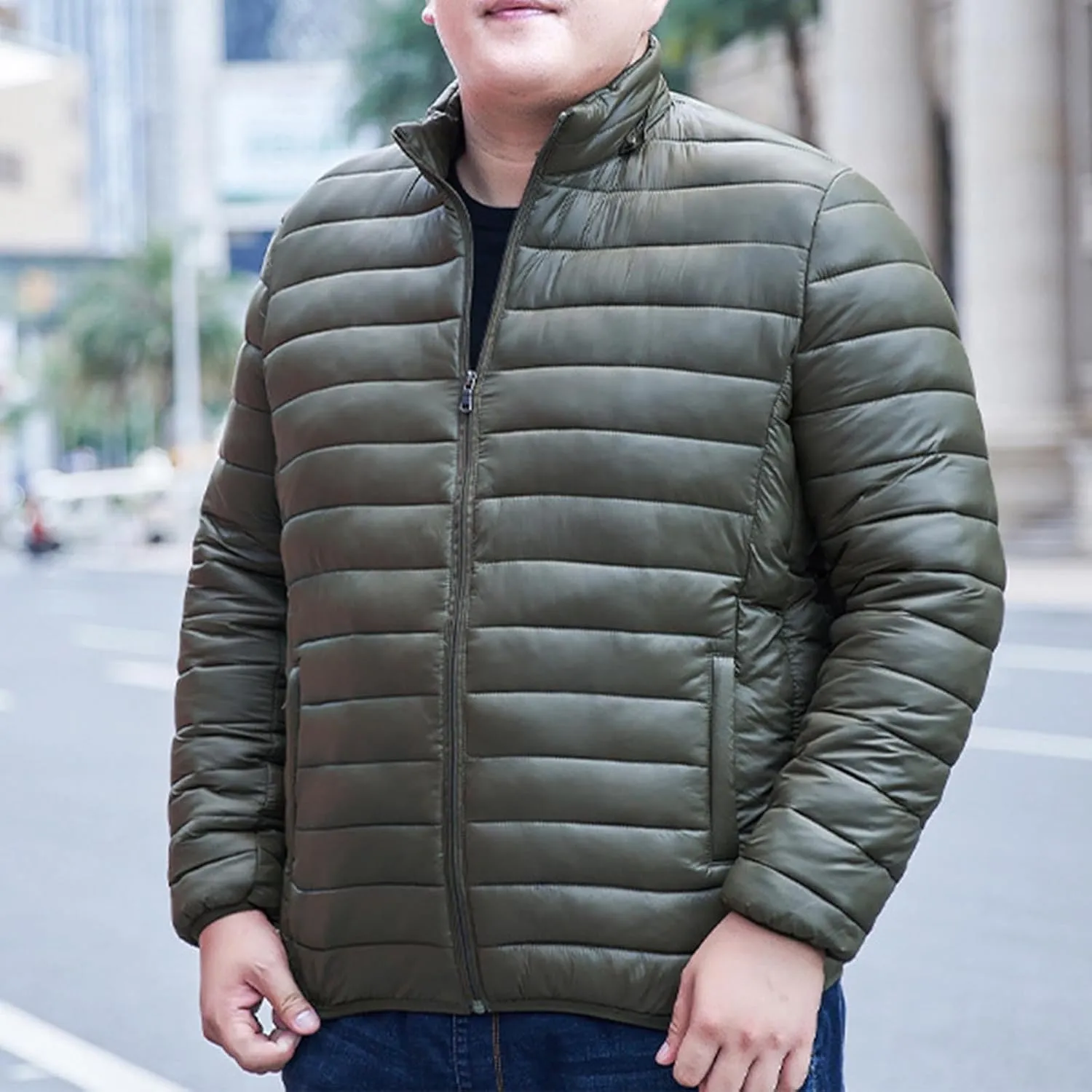 Mens Winter Puffer Jacket Full Zip Quilted Warm Packable Down Coats Lightweight Plus Size Puffy Stand Collar Jackets
