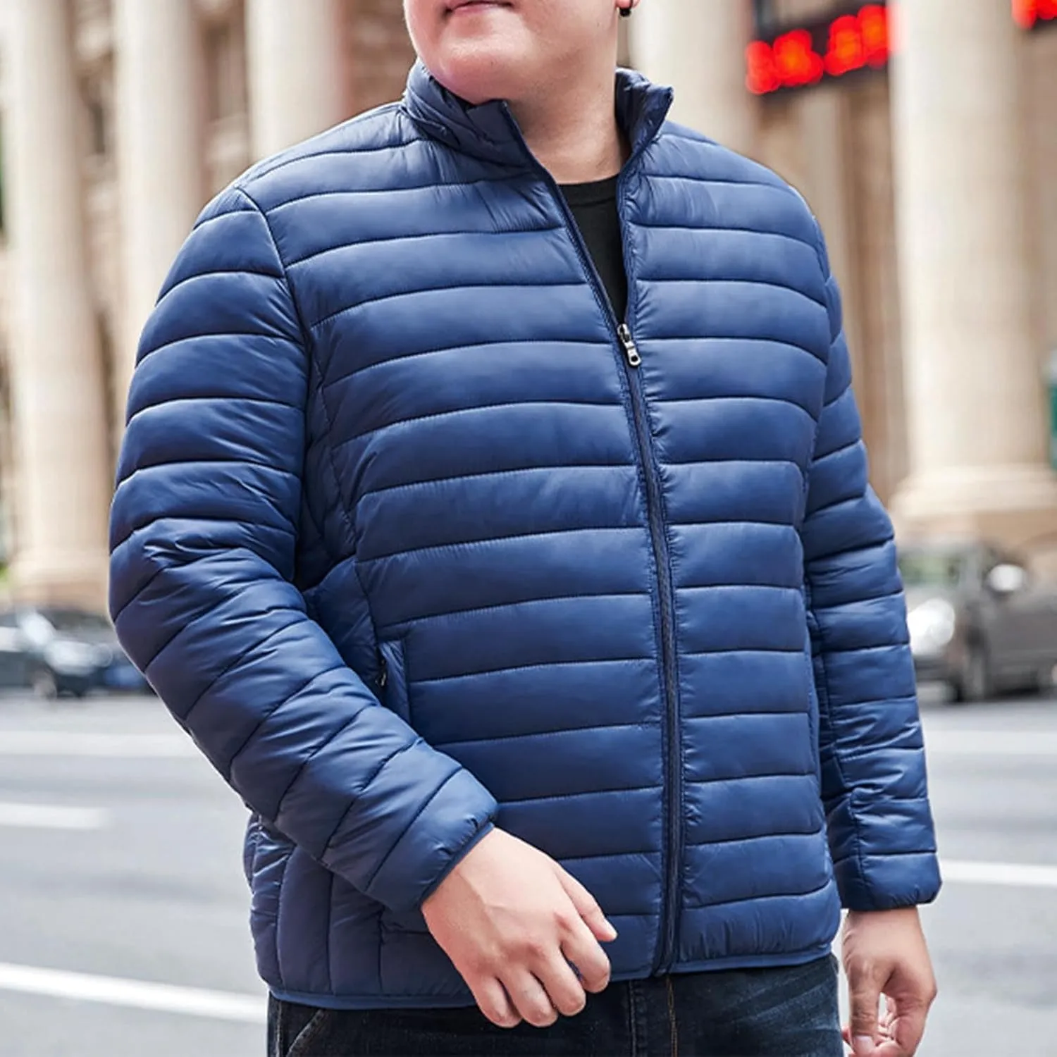 Mens Winter Puffer Jacket Full Zip Quilted Warm Packable Down Coats Lightweight Plus Size Puffy Stand Collar Jackets