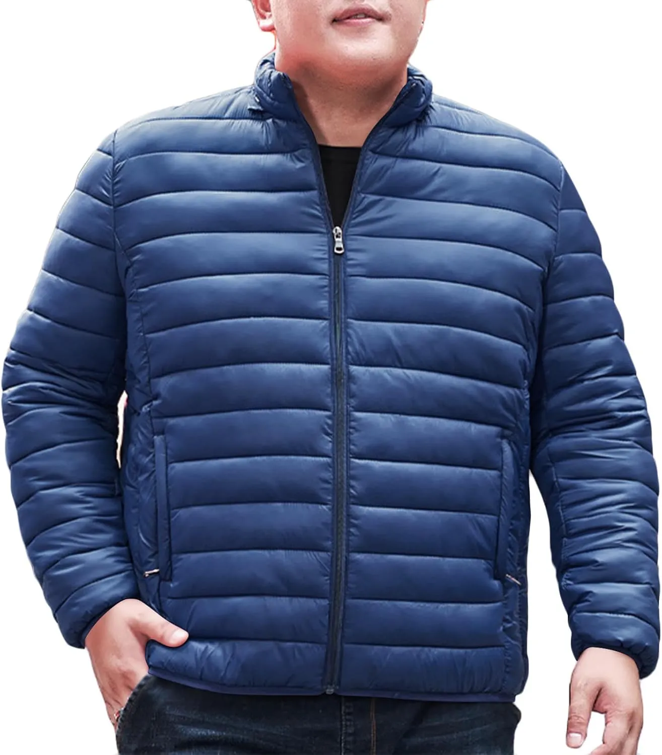 Mens Winter Puffer Jacket Full Zip Quilted Warm Packable Down Coats Lightweight Plus Size Puffy Stand Collar Jackets