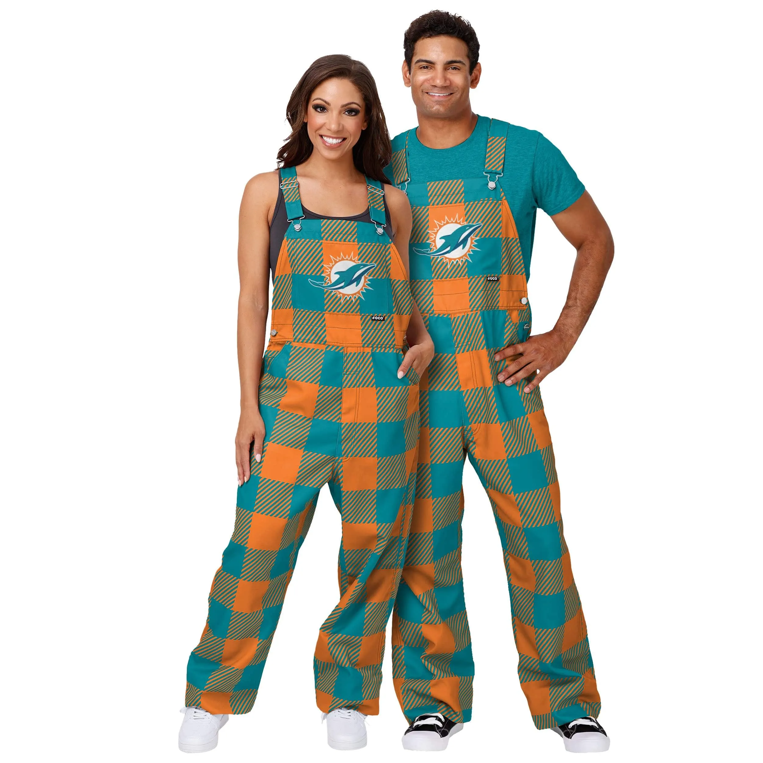 Miami Dolphins NFL Womens Plaid Bib Overalls