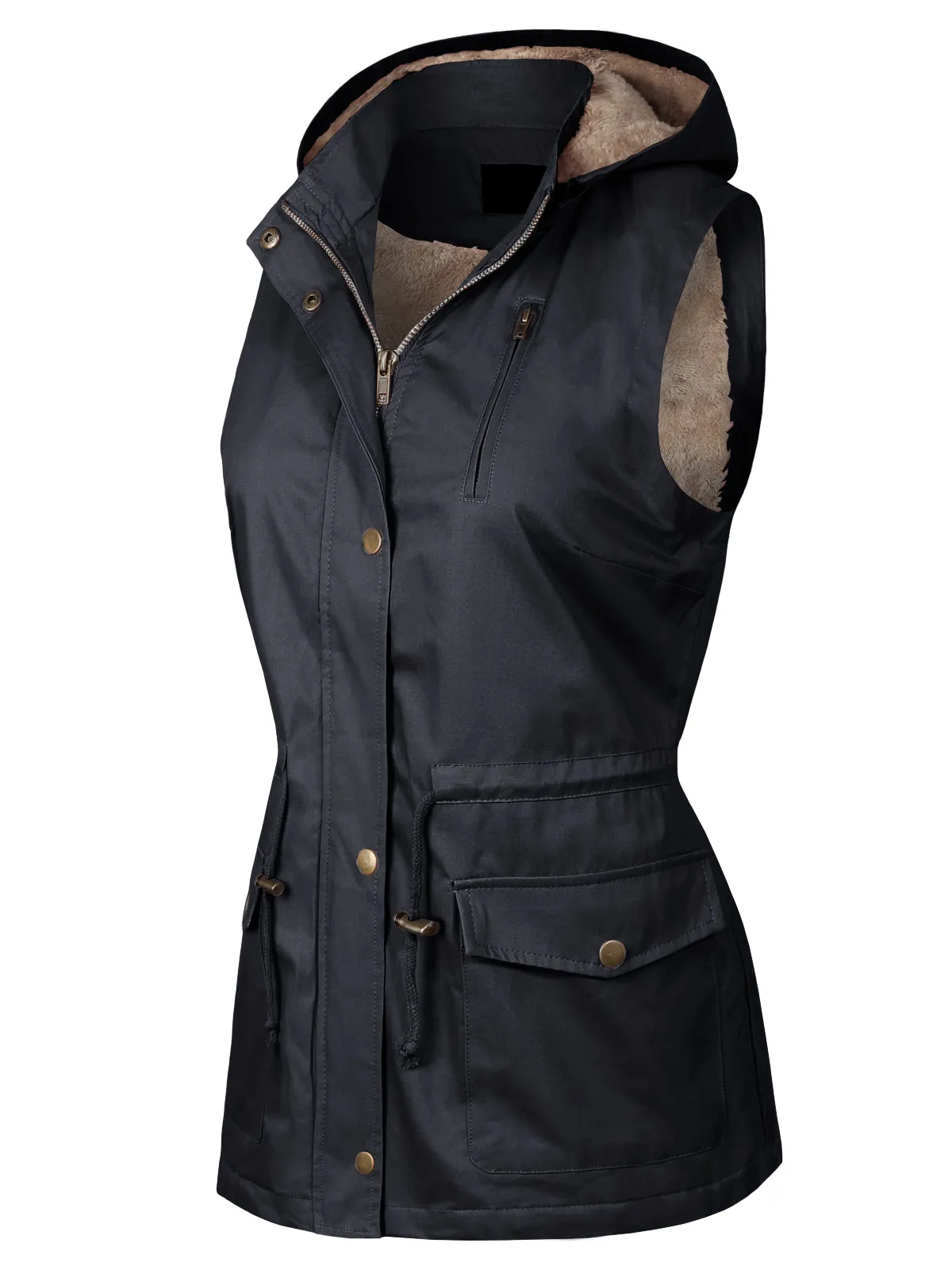 Military Soft Faux Lined Anorak Utility Hooded Jacket Vest
