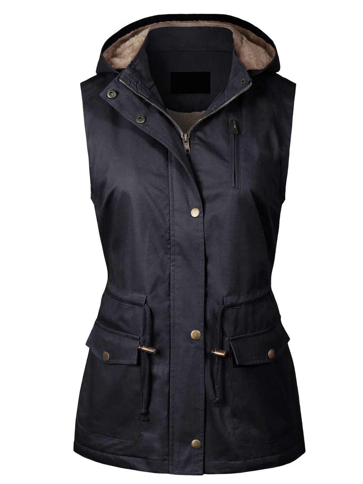 Military Soft Faux Lined Anorak Utility Hooded Jacket Vest