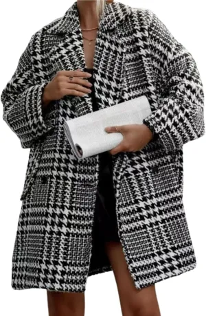 MOLERFO Women Winter Houndstooth Wool Blend Coat Notch Lapel Loose Warm Mid Long Double Breasted Peacoat