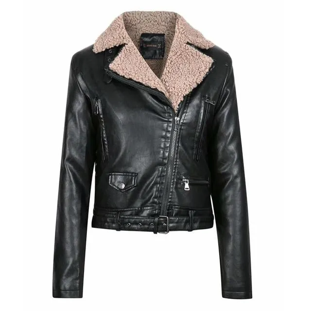 Motorcycle Jackets Women Faux Lamb Wool Fur Leather Jacket Winter Warm Thickness Lamb Fur Black Punk Zipper Pu Jacket Outwear With Belt