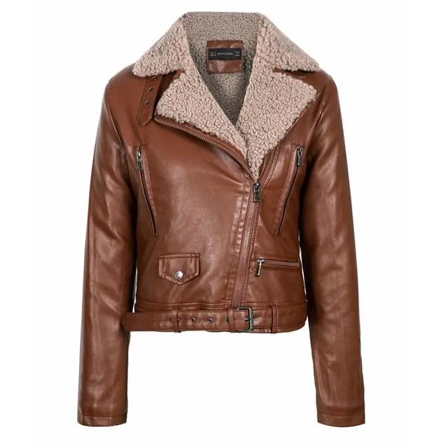 Motorcycle Jackets Women Faux Lamb Wool Fur Leather Jacket Winter Warm Thickness Lamb Fur Black Punk Zipper Pu Jacket Outwear With Belt
