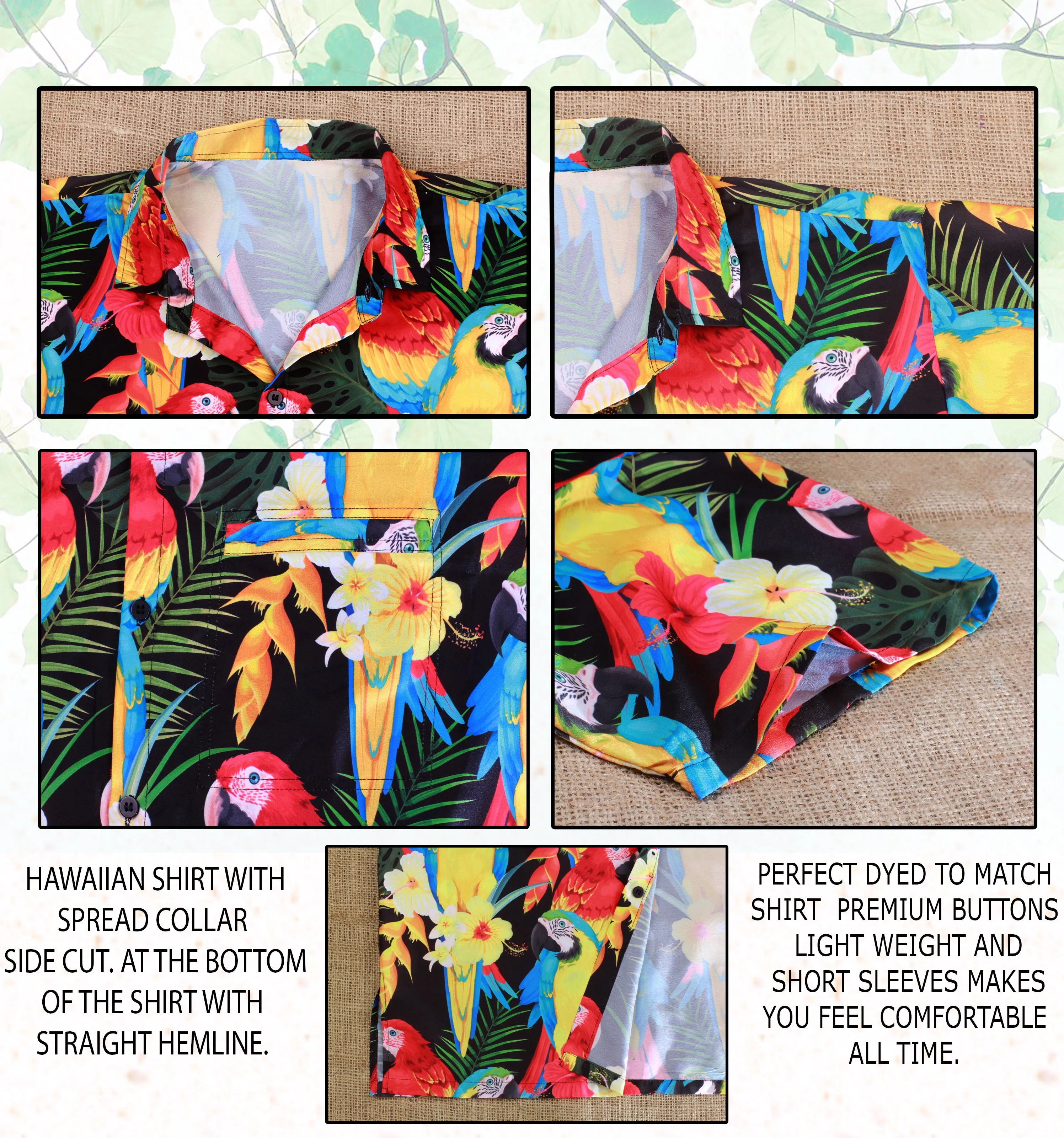 Multicolor Tropical Parrot and Floral Print Hawaiian Beach Shirts For Men