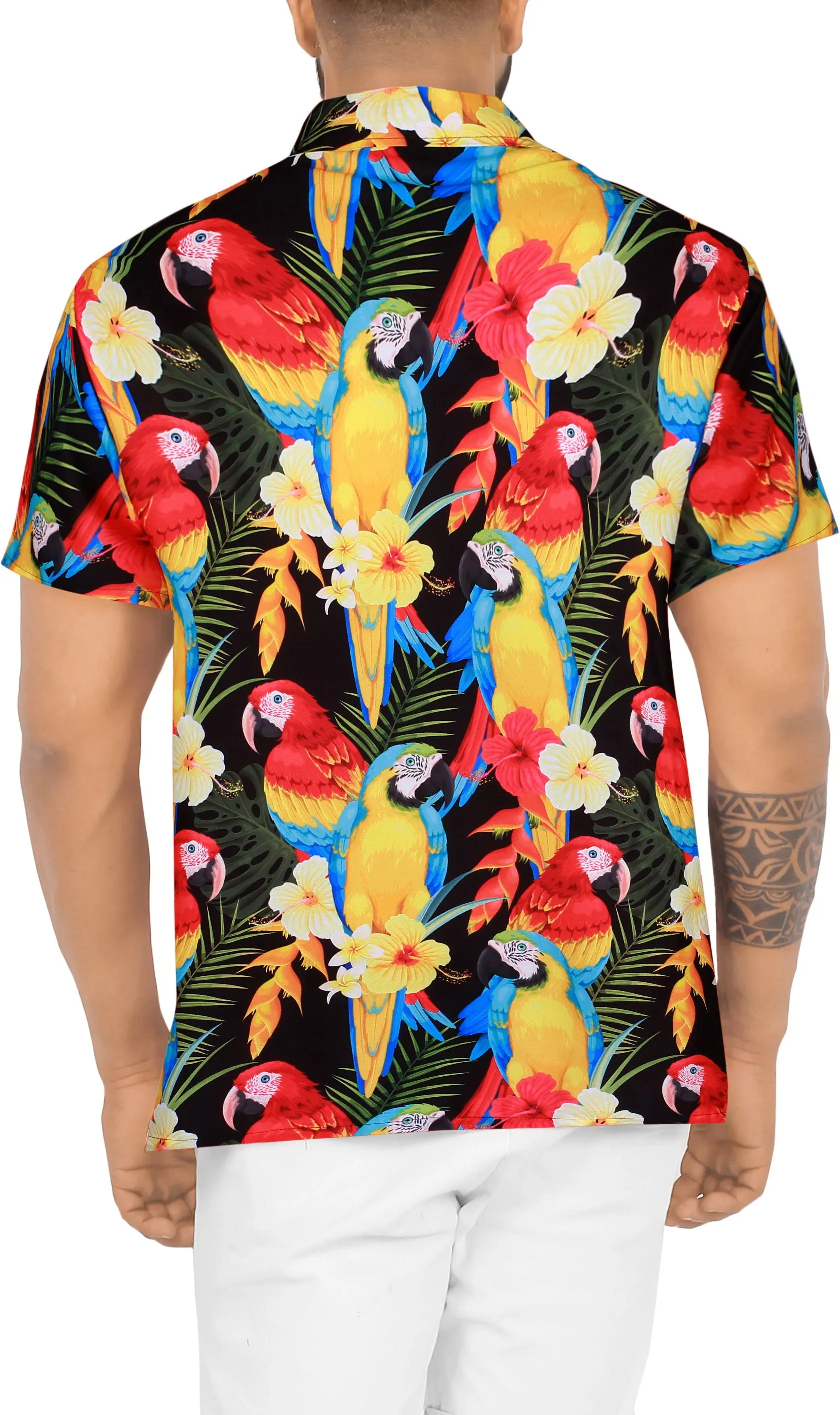 Multicolor Tropical Parrot and Floral Print Hawaiian Beach Shirts For Men
