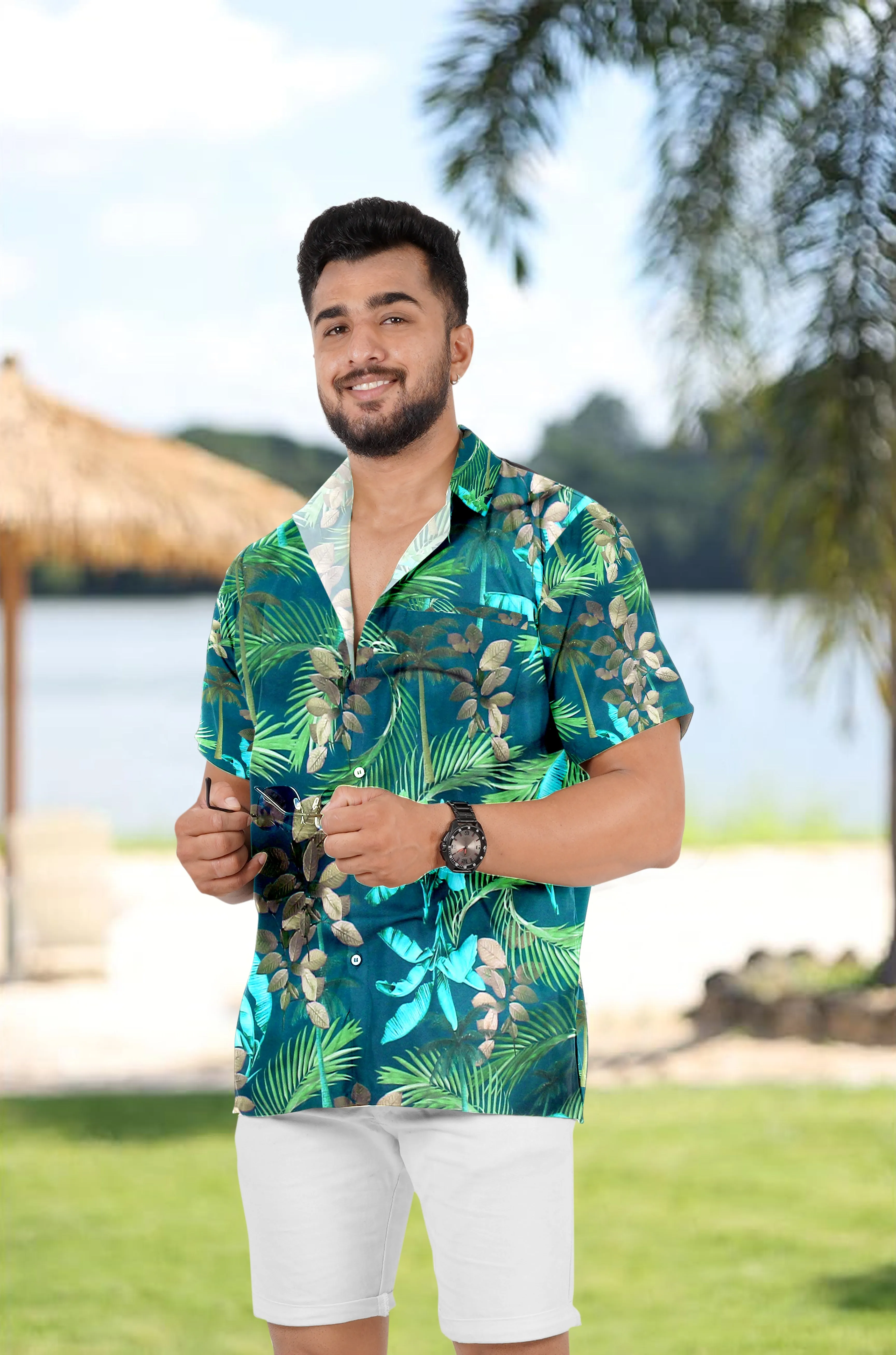 Navy Blue Tropical Leaves Printed Hawaiian Beach Shirt For Men