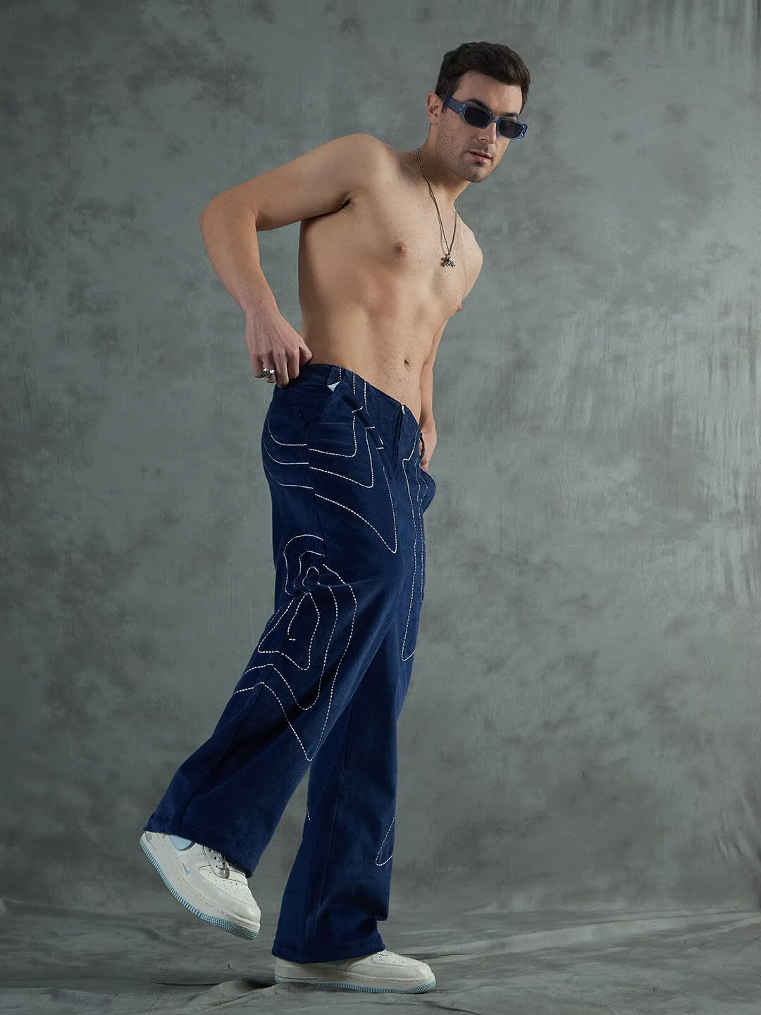 Navy Wavy Embroiedery Baggy Corduroy Trousers