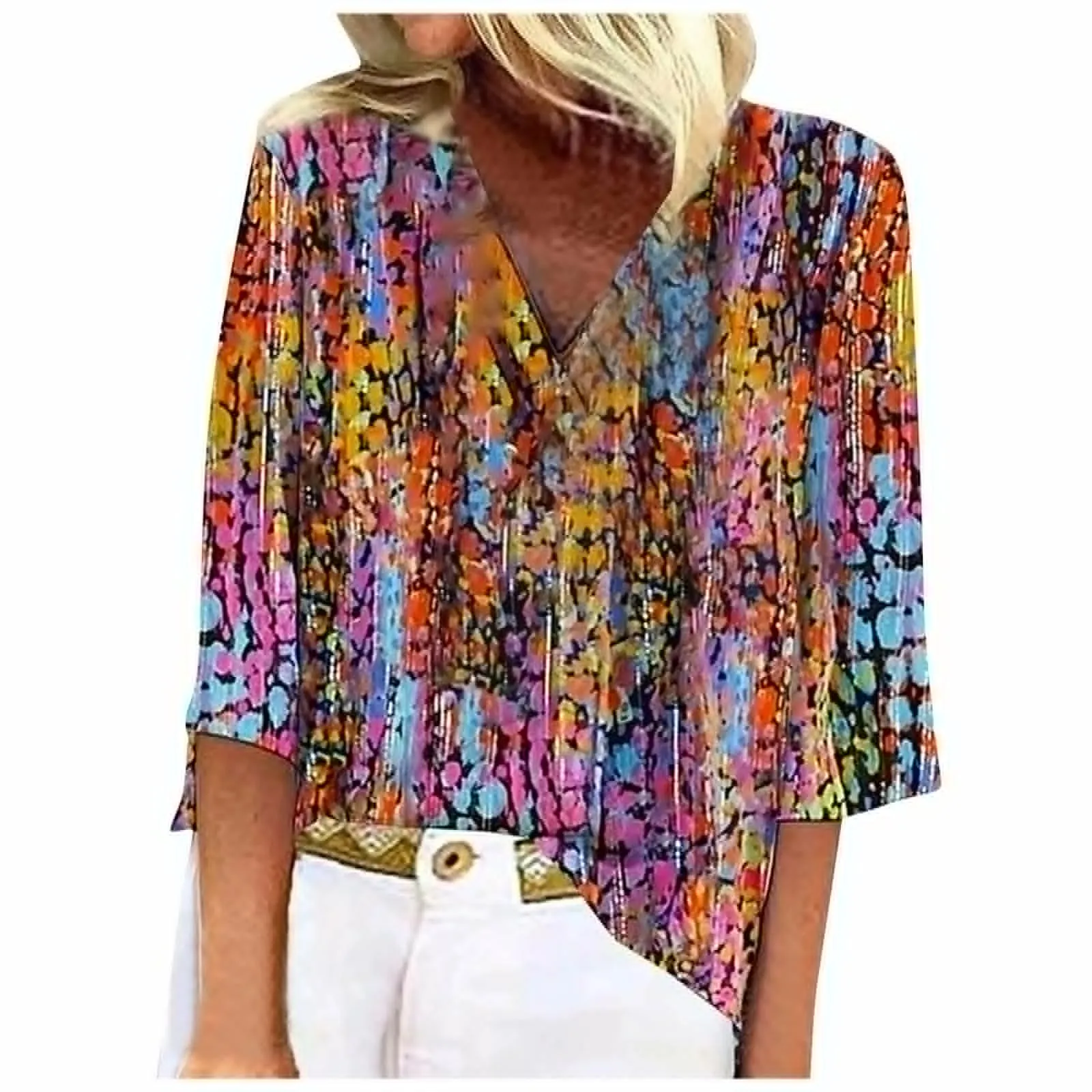 NEW  2024 Women's Summer Casual 3/4 Sleeve Shirts Lace V Neck Dressy Tops Trendy Vacation Boho Floral Blouses floral Top silk shirt stripe work, Sz M