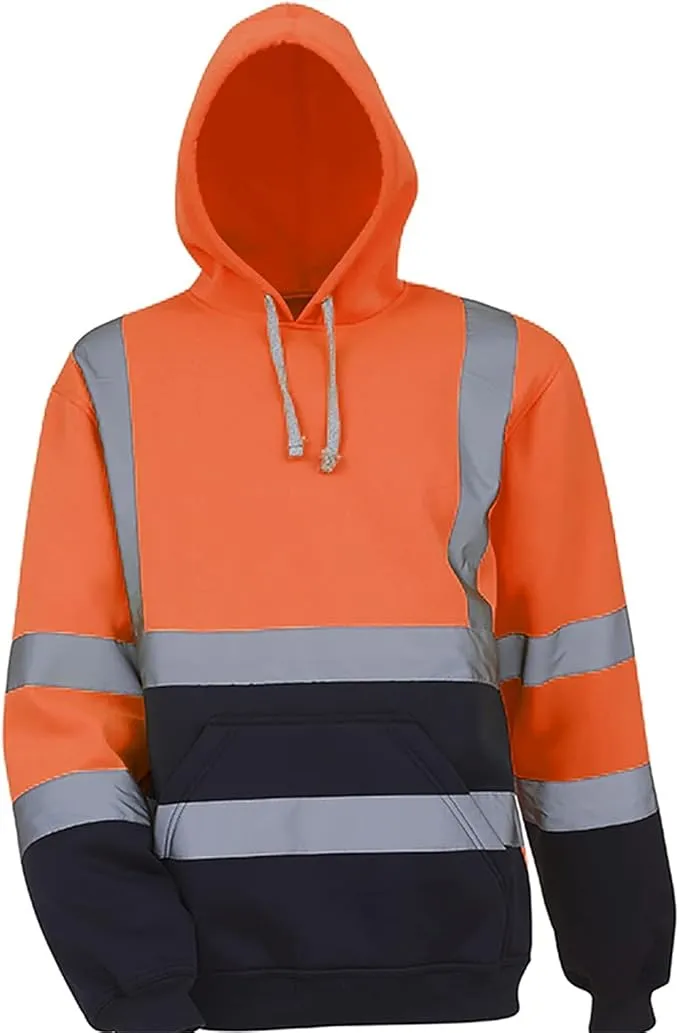 NEW Mens Fleece Reflective Hooded Sweatshirt Long Sleeve High Visibility Striped Hoodies Street Work Safety Pullover Tops, Orange, Sz XL