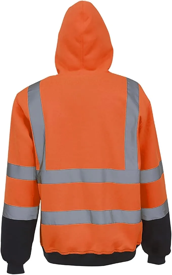 NEW Mens Fleece Reflective Hooded Sweatshirt Long Sleeve High Visibility Striped Hoodies Street Work Safety Pullover Tops, Orange, Sz XL