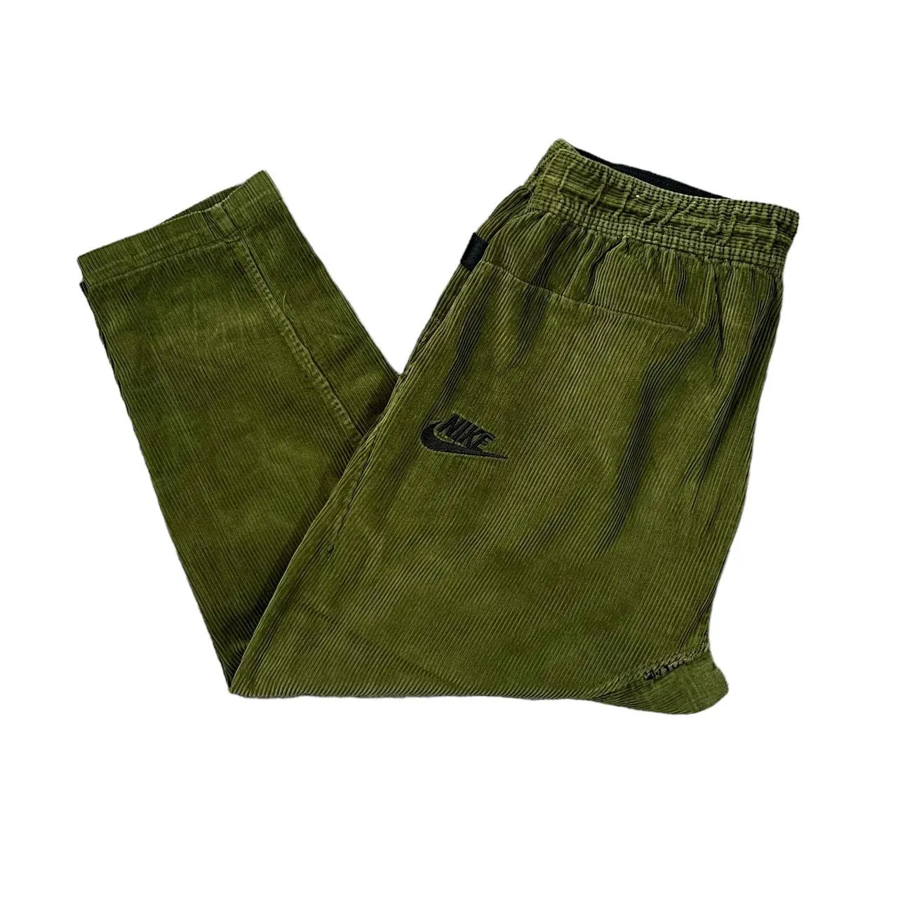 NIKE Embroidered Mini Logo Green Corduroy Cord Cropped Length Pants Trousers