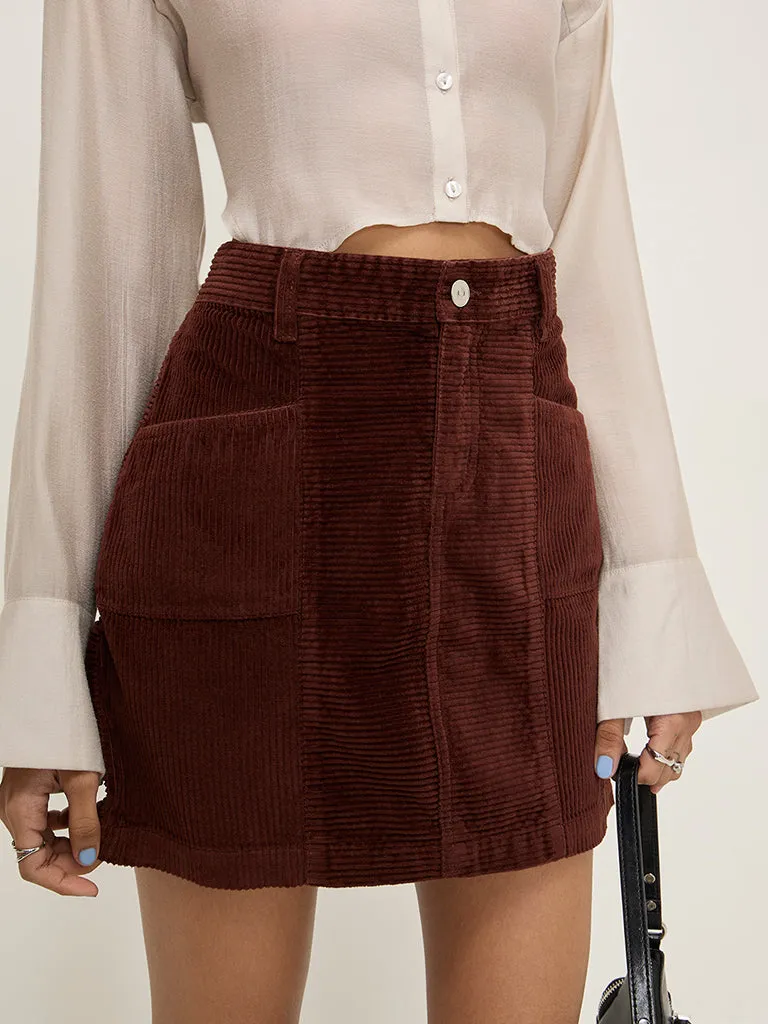 Nuon Dark Brown High-Rise Corduroy Cotton Skirt