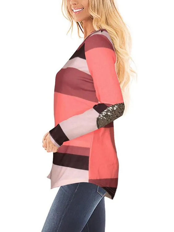 OEM ODM Round Neck Stripe Sequins Embellished Long Sleeve Curved Hem Pink T-Shirts