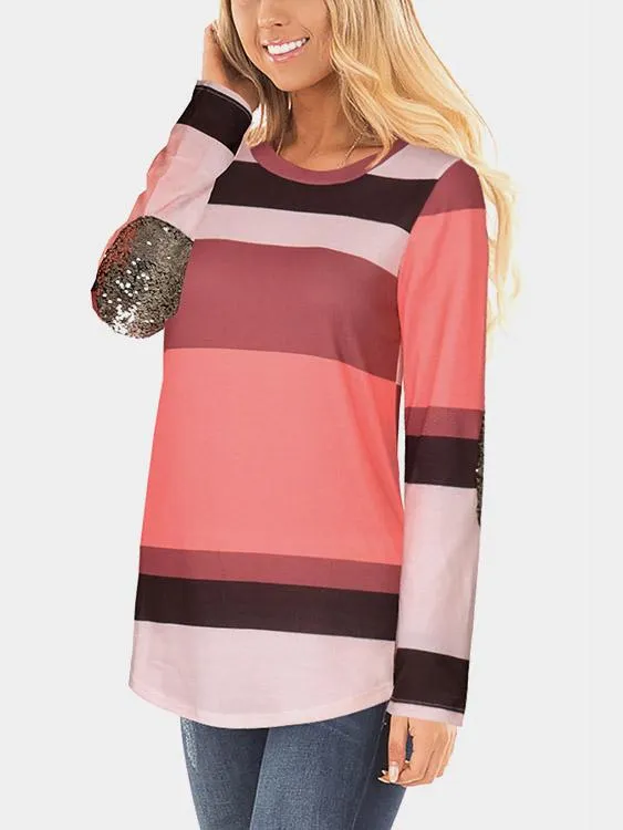 OEM ODM Round Neck Stripe Sequins Embellished Long Sleeve Curved Hem Pink T-Shirts